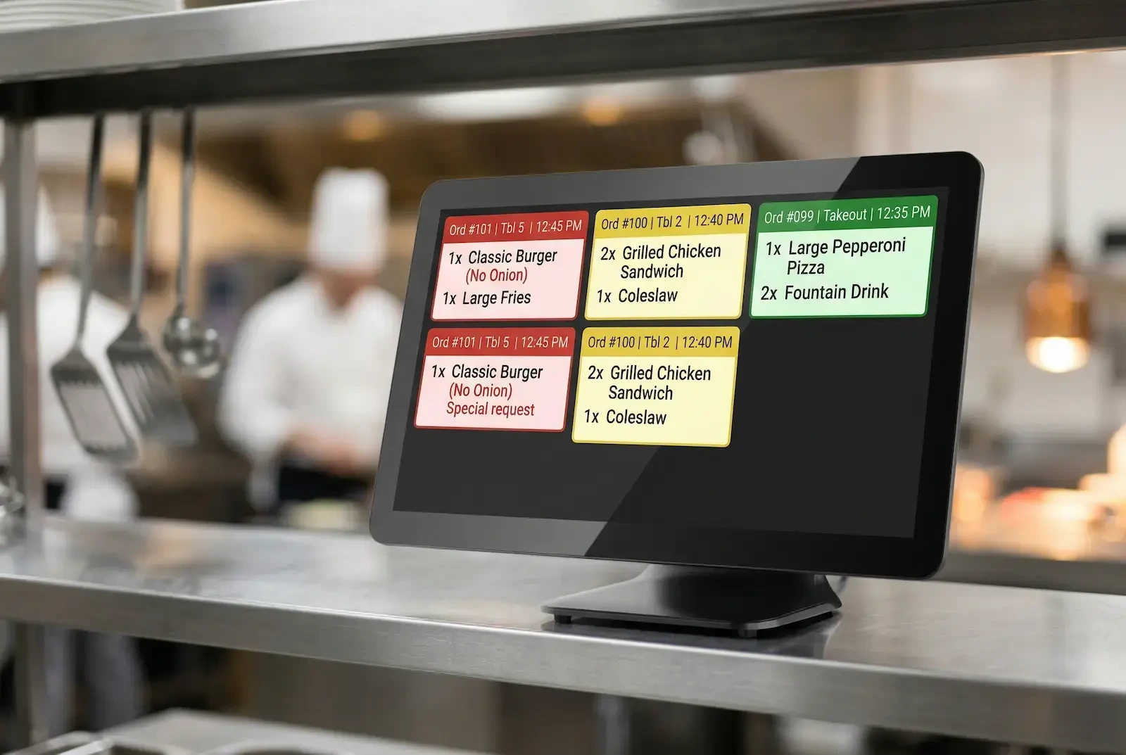 A Kitchen Display System (KDS) screen showing real-time food orders in a professional kitchen, demonstrating a key feature of a POS system for Malaysian restaurants.
